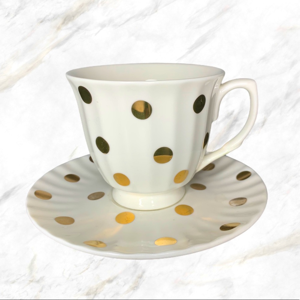 Goldie | Gold Polka Dotted White Teacup & Saucer